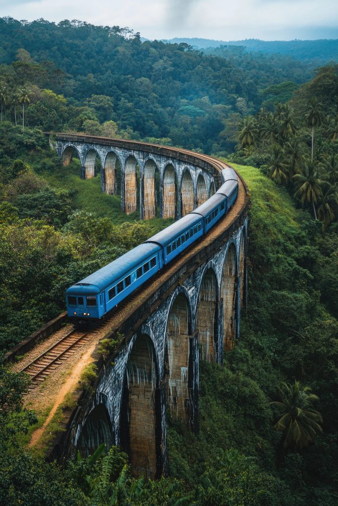 Blue train on jungle bridge