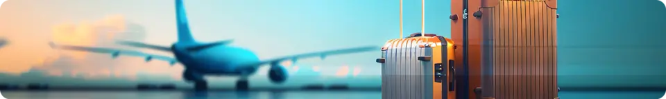 Airport departure lounge with luggage and an airplane